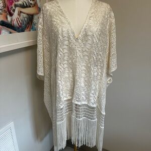 H&M Cream Crochet Fringe Throw - Boho Knit Cover